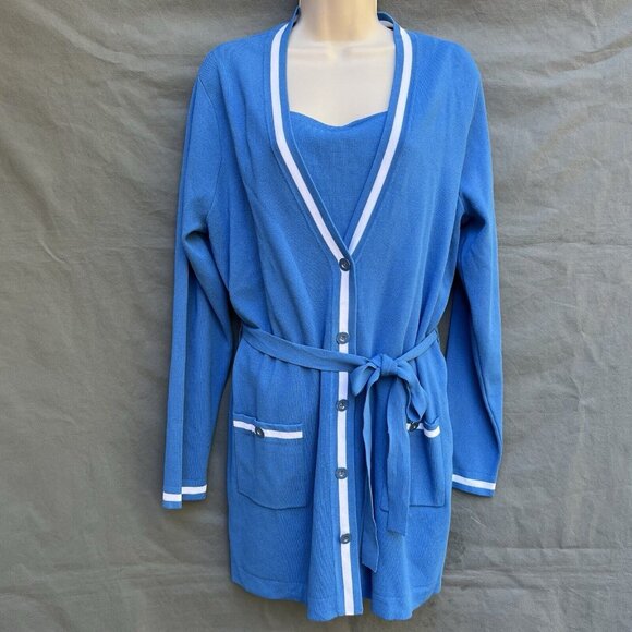 Doncaster Collection Size LM Blue White Knit Cardigan and Matching Tank Top Set - Picture 2 of 10